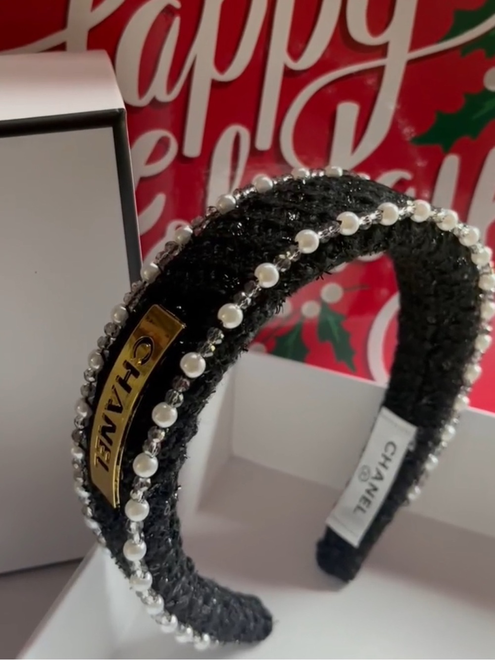Authentic CHANEL  Black and Gold Pearl-Trim Headband - Picture 7 of 15